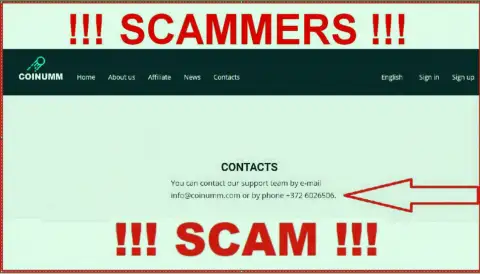 Coinumm phone number is listed on the scammers site