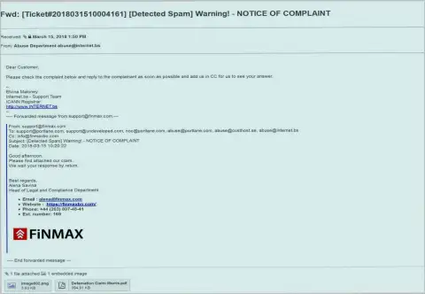 Аналогичная жалоба на официальный интернет-сайт Фин Макс пришла и регистратору доменного имени